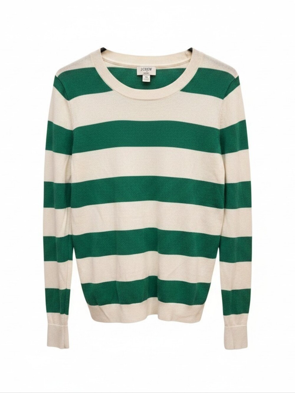 J. Crew Green and Cream Wide-Stripe Crewneck Sweater